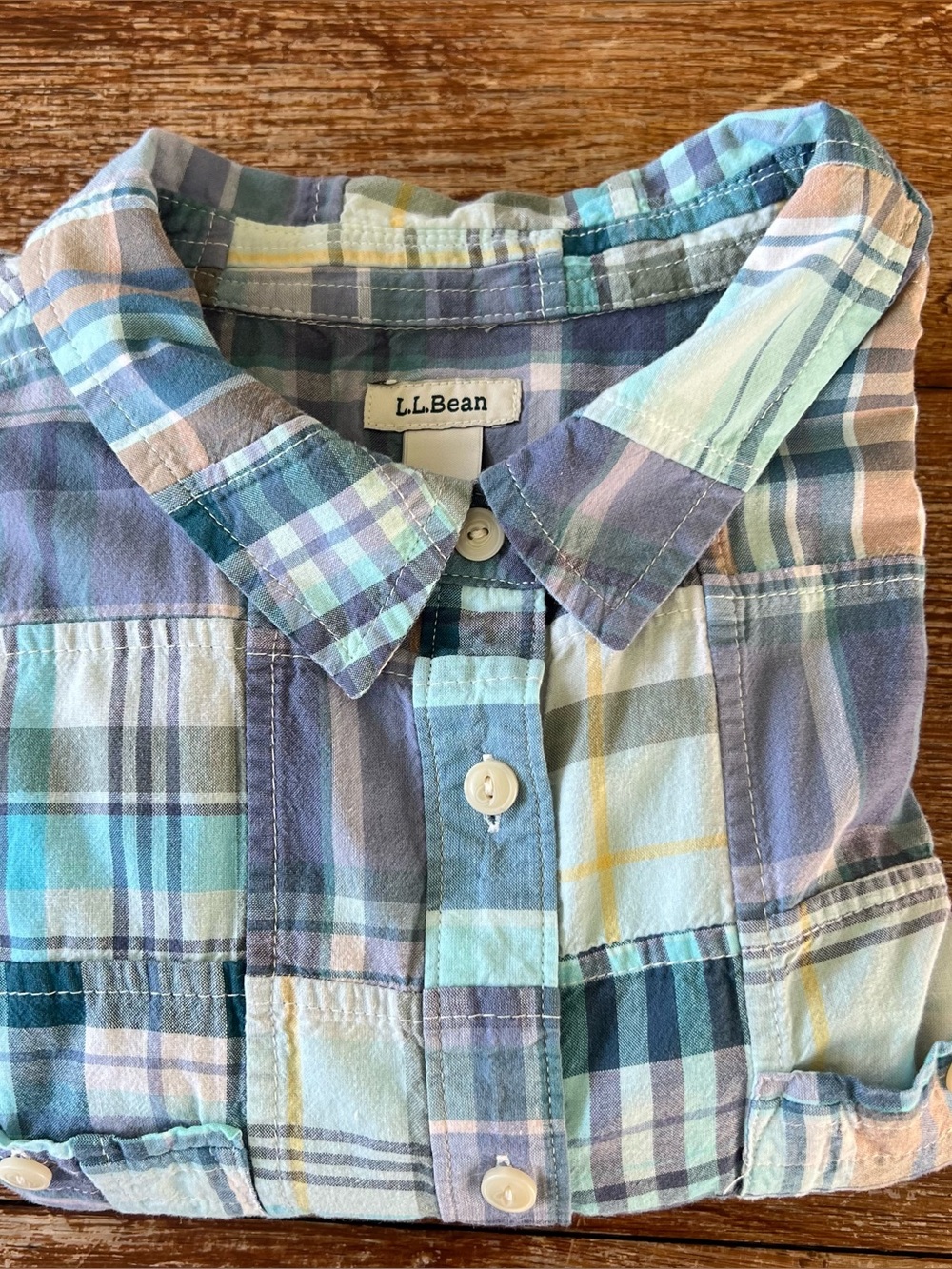 LL Bean Patchwork Madras Plaid Cotton Shirt Women’s Large Regular Blue Teal - Picture 12 of 14
